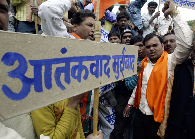 Image: Activists from BJP shout anti-government slogans to protest against Mumbai attacks