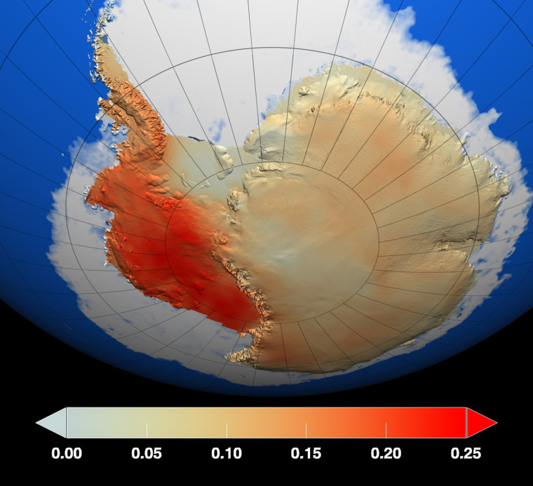 This map by NASA shows temperature changes over the last 50 years on Antarctica. West Antarctica, separated from the east by a long mountain range, warmed faster. Temperature changes are measured in degrees Celsius.