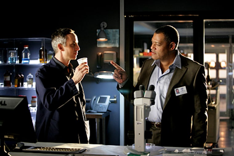 &quot;The Grave Shift&quot; --The first day on the job for Dr. Langston (Laurence Fishburne, right, pictured here with Wally Langham) turns from bad to worse when a simple burglary case quickly overlaps with a complicated arson and homicide case, on CSI: CRIME SCENE INVESTIGATION, Thursday, January 22, (9:00-10:00 PM, ET/PT) on the CBS Television Network.
Photo: Adam Taylor/CBS   &copy;2008 CBS Broadcasting, Inc. All Rights Reserved.