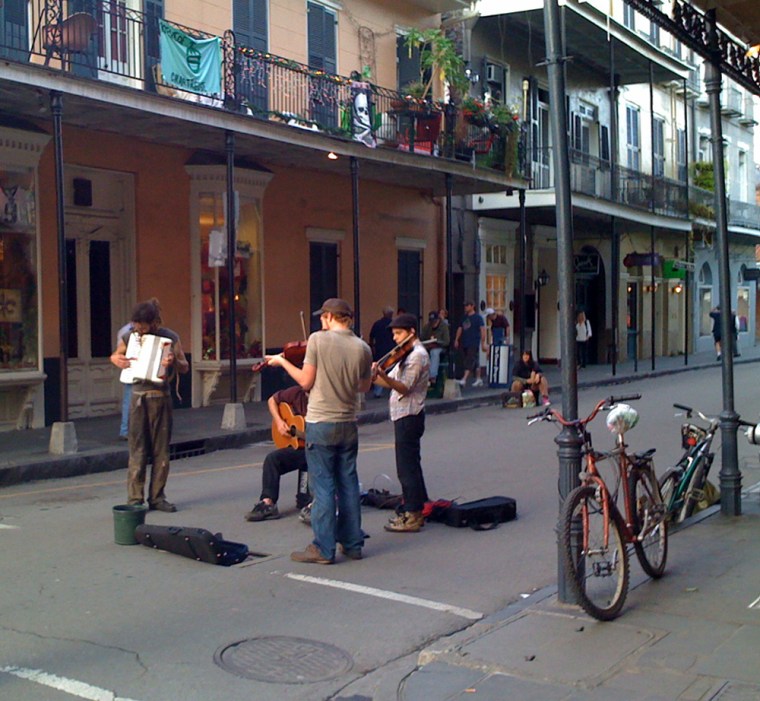Street musicians ply their trade in New Orleans’ French Quarter.