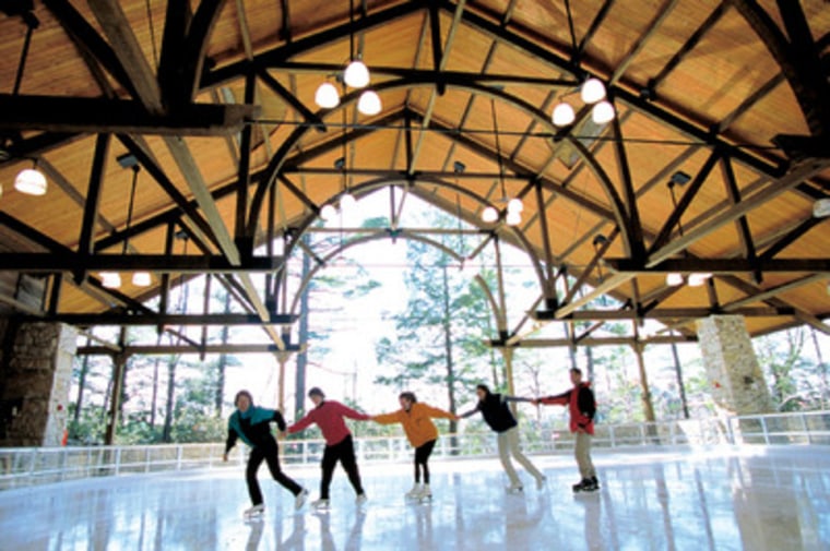 Mohonk's ice-skating pavilion, completed in 2001 overlooks Lake Mohonk and invites ice-skaters to warm up by a large stone fireplace.