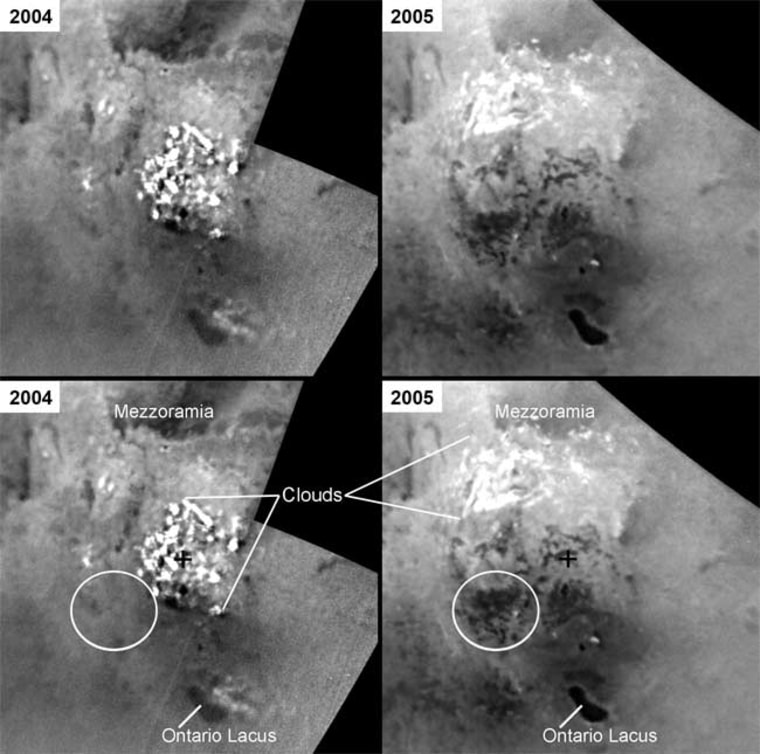 Cassini images of Titan's south polar region taken in 2005 (right top and bottom) show dark areas that were not present in the 2004 images (left top and bottom) represent lakes. During the year that elapsed between the images, clouds (bright features) frequently appeared and suggest methane rain could be responsible for the new lake features. Credit: NASA/JPL/Space Science Institute.