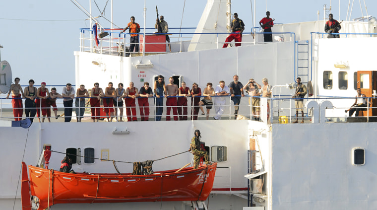 Image: crew of the hijacked merchant vessel MV Faina