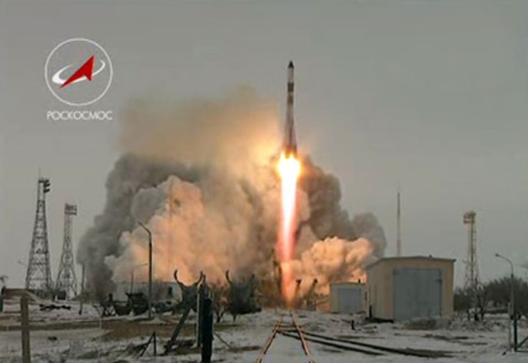 The unmanned Russian cargo ship Progress 32 launches toward the International Space Station from Baikonur Cosmodrome, Kazakhstan on Feb. 10, 2009 in this still from a Russian state broadcast. Credit: Russian Federal Space Agency (Roscosmos)/Vesti.