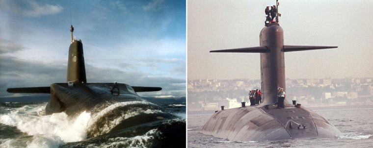 Image: British submarine HMS Vanguard (L) and French submarine Le Triomphant (R)