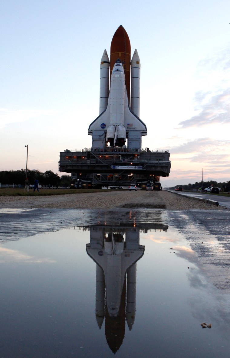 Space shuttle Discovery, shown here on Jan. 14, 2009, is scheduled for liftoff on Wednesday, March 11. 