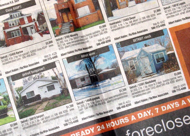 Local real estate ads are seen in Detroit, Thursday, Feb. 26, 2009. Welcome to Landlord Nation, where foreclosure notices are plentiful and for-sale signs offer at least 1,800 homes for under $10,000 that once were worth at least 10 times more. In extreme cases, homes are on sale for $1 or less, which has enticed investors to Detroit from as far away as the United Kingdom and Australia. (AP Photo/Carlos Osorio)
