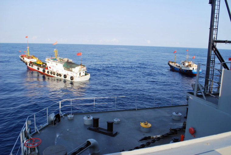 Image: Two Chinese trawlers stopped directly in front of the military Sealift Command ocean surveillance ship USNS Impeccable.