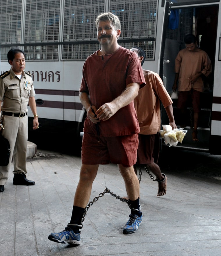Alleged Russian arms dealer Viktor Bout arrives for a court hearing in Bangkok on Monday. He has repeatedly denied any involvement in illicit activities.