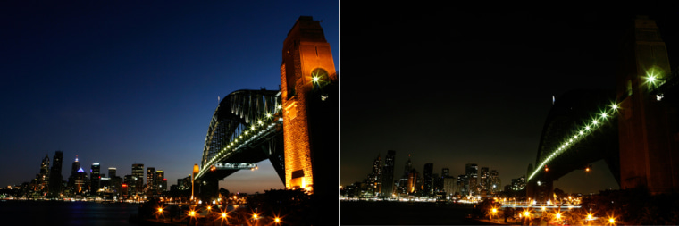 This image shows Sydney Harbour Bridge with the lights on before "Earth Hour" and then darkened during the Saturday event.