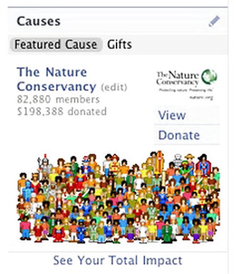 The Nature Conservancy and Students for a Free Tibet are the only two organizations to raise more than $100,000 through Causes.