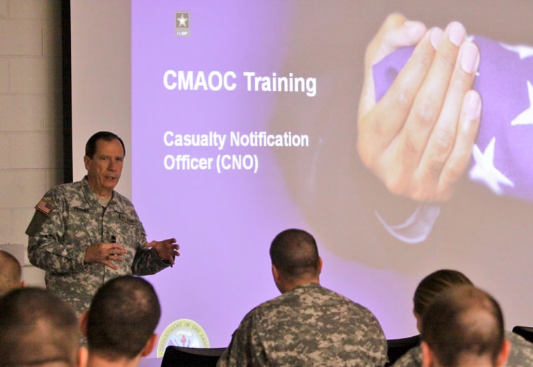 Sgt. Maj. Donnie Parker instructs members of the Illinois National Guard attending a death notification and casualty assistance training class at the Illinois National Guard's Camp Lincoln in Springfield, Ill. 