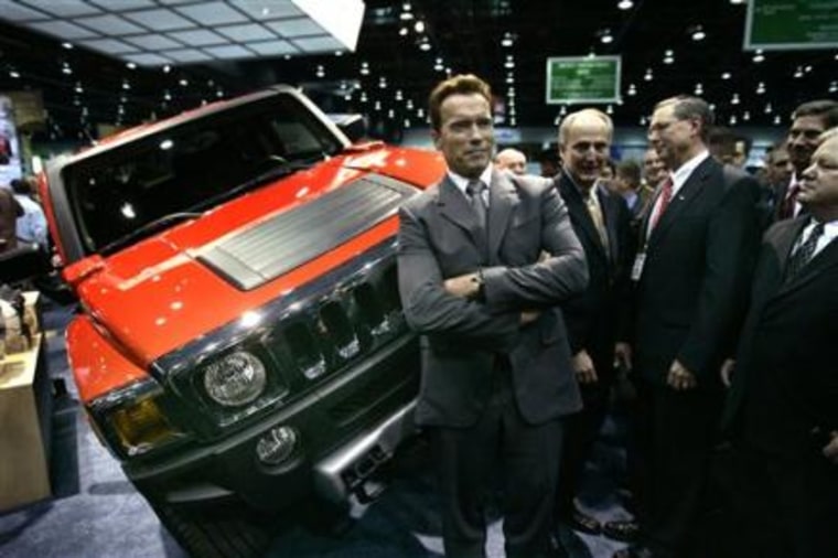 California Gov. Arnold Schwarzenegger got a personal tour of Raser Technologies' Electric Hummer at a Detroit auto technology show last April.