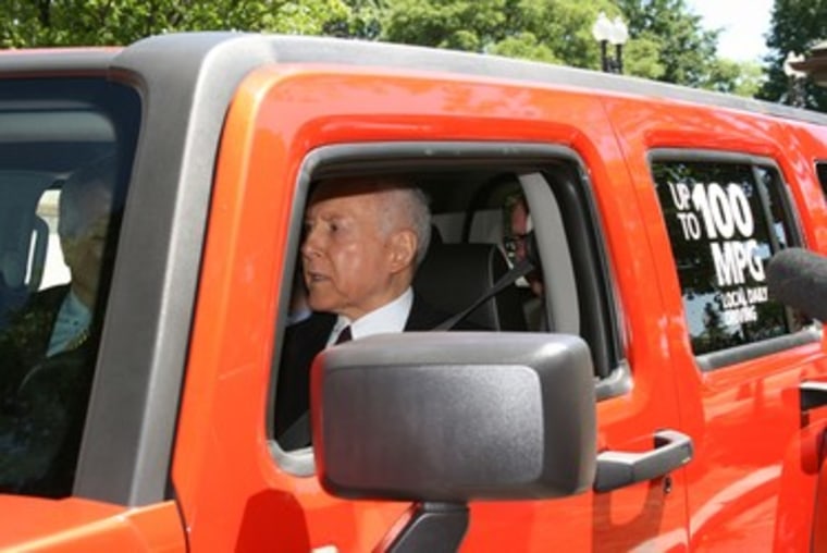 Sen. Orrin Hatch test drives the Electric Hummer H3 Wednesday around Capitol Hill.