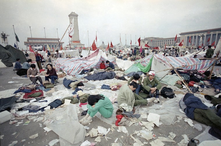 Image: Students rest in the litter of Tiananmen Square