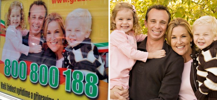 A photo of Danielle Smith and her family is seen at right as it originally appeared and at left as part of an advertisement on a storefront in Prague, Czech Republic.