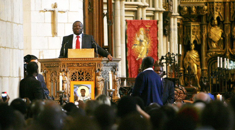 Image: Zimbabwe's Prime Minister Morgan Tsvangirai addresses the assembled congregation and Zimbabwean exiles at Southwark Cathedral in London