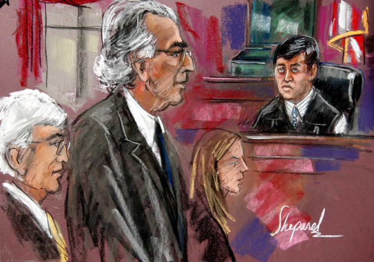 Image: Court artist's sketch shows disgraced financier Madoff attending his sentencing hearing in New York