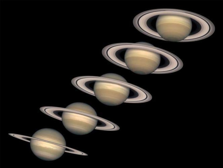Since Saturn's axis is tilted as it orbits the sun, Saturn has seasons, like those of planet Earth. The Hubble Space Telescope took the above sequence of images about a year apart. Starting on the left in 1996, just after the last time the rings were edge-on, and ending on the right in 2000 when the rings had opened up significantly from our point of view. 