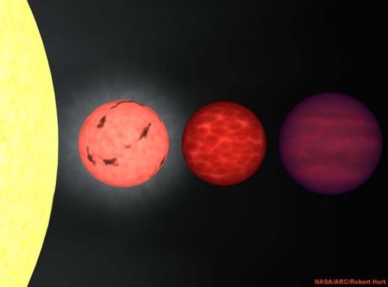 Image: Artist's impression shows how dim star might appear in visible light, as well as a warm brown dwarf and, at the far right, a cooler brown dwarf.