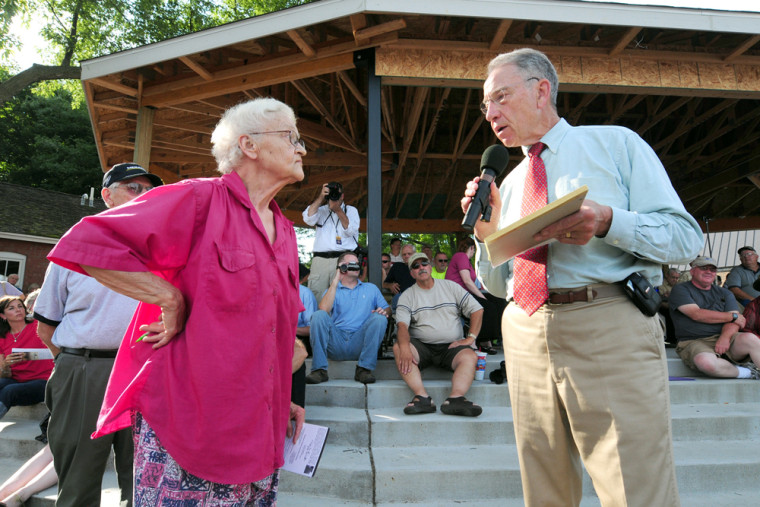 Image: Sen. Charles Grassley, R-Iowa, during a town meeting on health care reform
