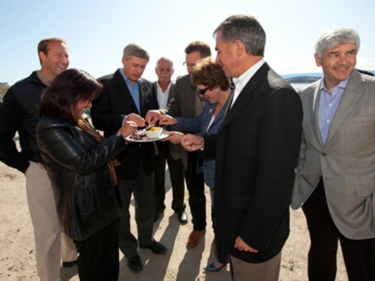 Canadian Prime Minister Stephen Harper, third from left, and his cabinet members snack on seal meat offered on Tuesday by Health Minister Leona Aglukkaq.
