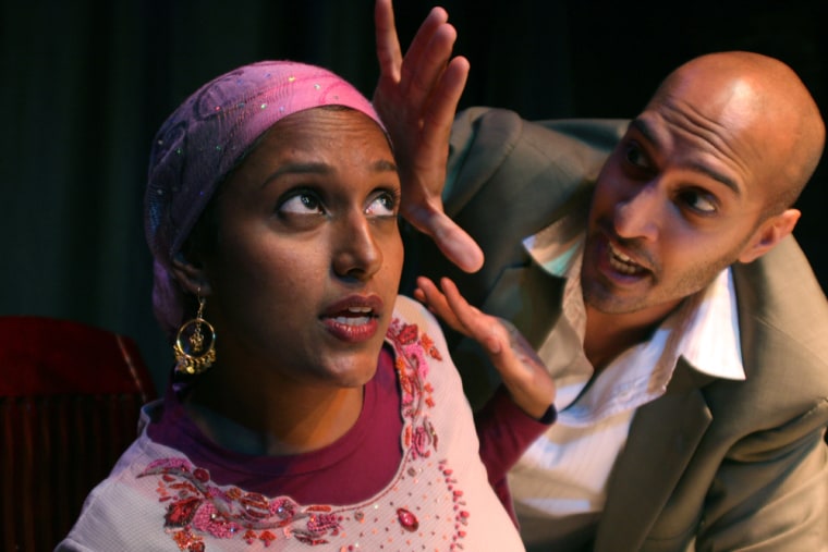 In a scene from the play, Sal (Kamran Khan), the elder brother, teases Fatima (Monisha Shiva), his younger activist, law student sister who wears the headscarf, as “Paki McBeal” and a “feminazi fundamentalist.”