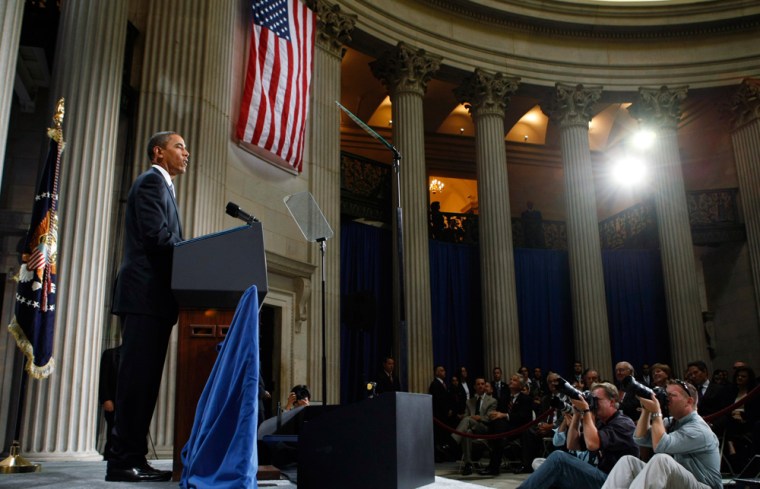 Image: US President Barack Obama makes an address at the historic Federal Hall