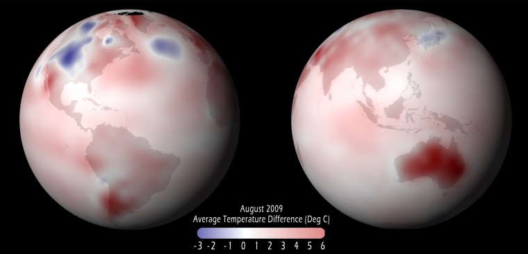 These globes show surface temperature anomalies for August. Temperature is compared to the average global temperature for Augusts from 1961-1990.