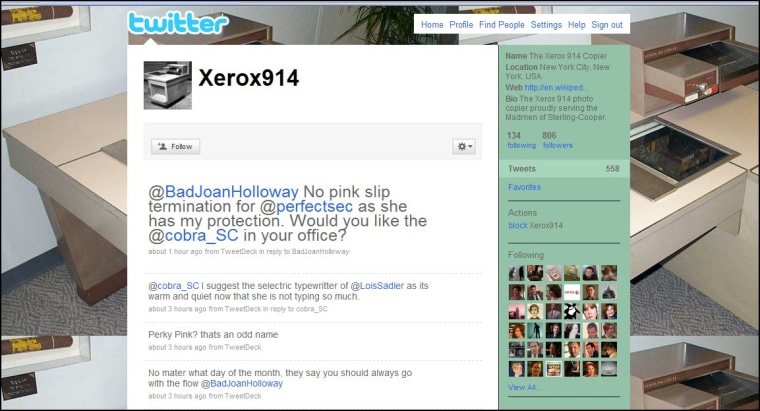 Image: Twitter page from \"Mad Men\" \"character,\" a Xerox machine