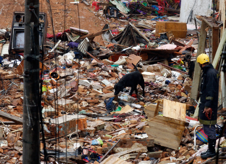 Image: Brazilian police sniffer dog searches for bodies at the site of collapsed houses in Santo Andre, on the outskirts of Sao Paolo