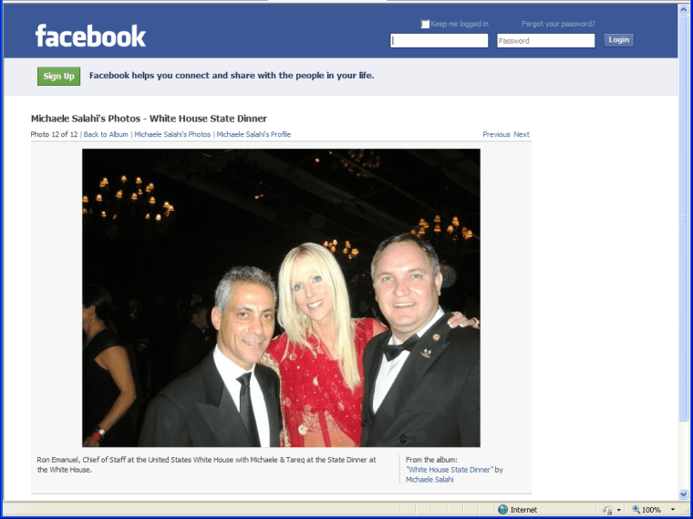 A screen grab of a photo from a Facebook page posted after the White House dinner Tuesday night appears to show White House Chief of Staff Rahm Emanuel, left, with Michaele and Tareq Salahi. 