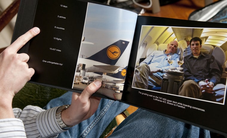 Image: Ryan Kingsbury, who volunteers to be bumped from flights, is pictured with his father, Don, in a book recording a trip the two made using travel vouchers.