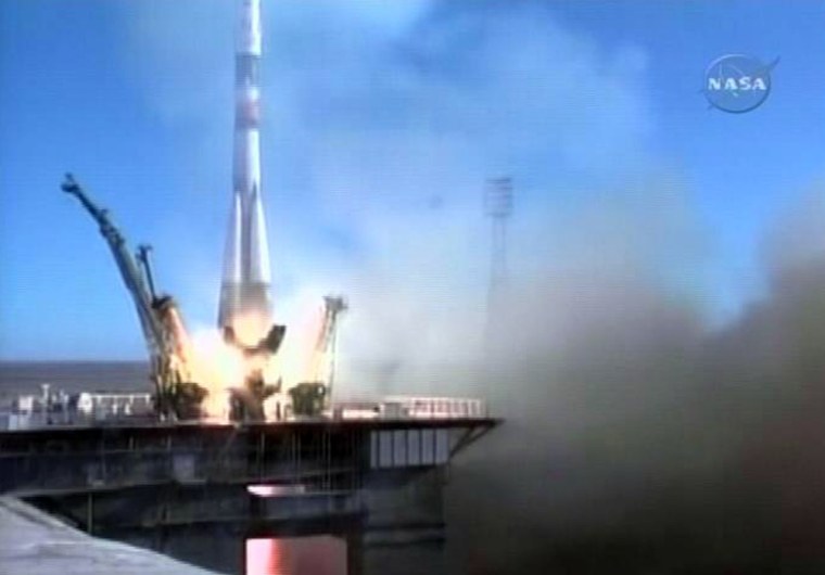 A Soyuz craft carrying a NASA astronaut and two Russian cosmonauts blasts off from Kazakstan and heads to the International Space Station, Friday, April 2.