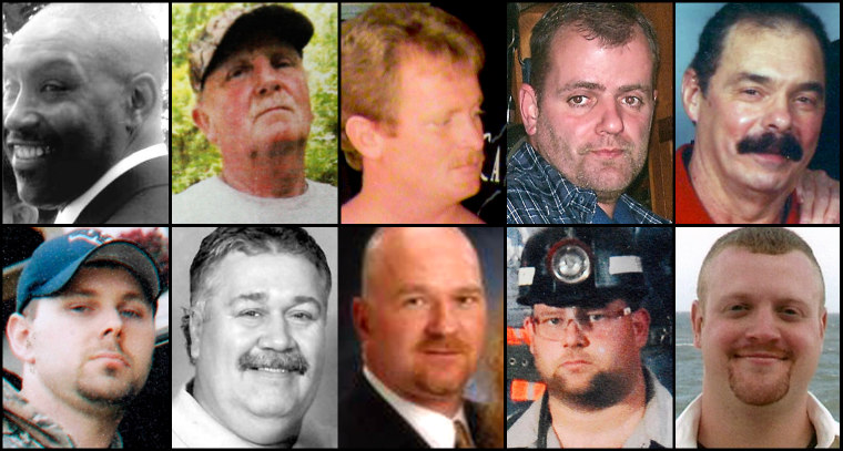Image: These miners were killed in the explosion on April 5. From top left: William Roosevelt Lynch, Deward Allan Scott, Howard \"Boone\" Payne, Steven Harrah, Benny Willingham, Ronald Maynor, Carl Acord, Robert Clark, Gary Quarles and John Atkins.