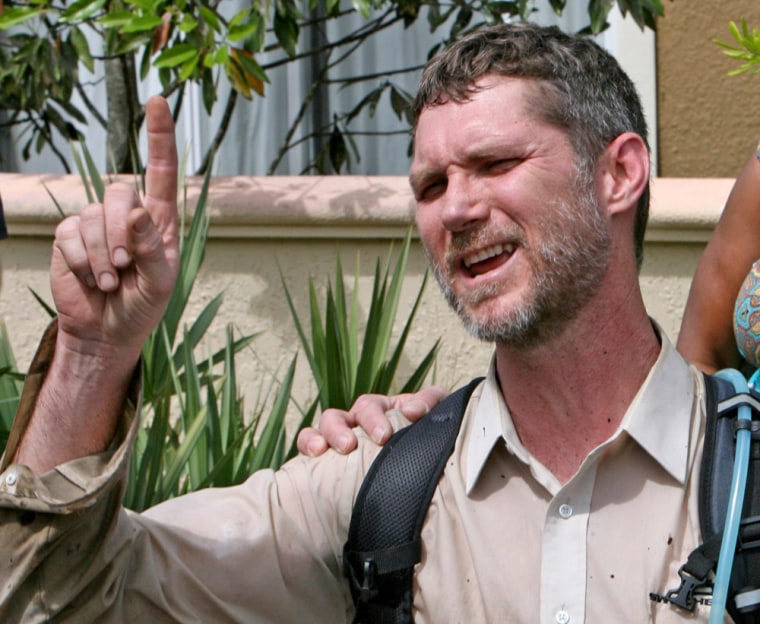 Image: James King, speaks to the media following his rescue of Nadia Bloom.