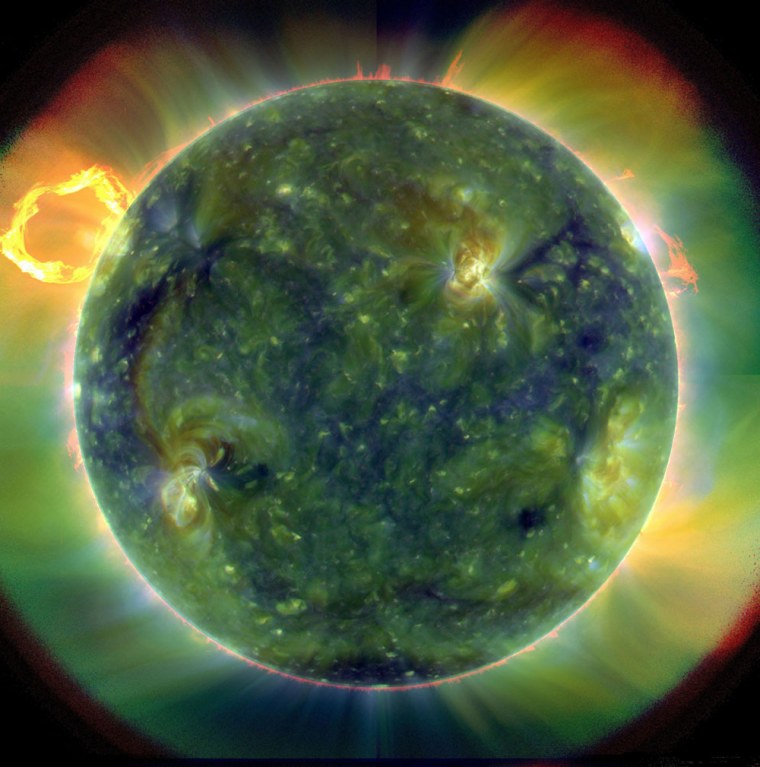This full-disk multiwavelength extreme ultraviolet image of the sun was taken by the new Solar Dynamics Observatory on March 30. False colors trace different gas temperatures. Reds are relatively cool (about 110,000 degrees Fahrenheit); blues and greens are hotter (greater than 1.8 million degrees F).