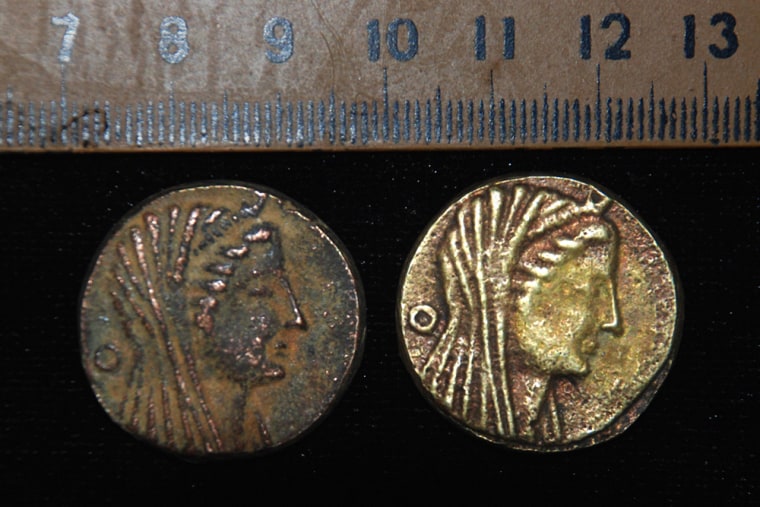 Image: Two coins dating back to the era of Ptolemy III 222-246 BC, discovered in an Egyptian oasis