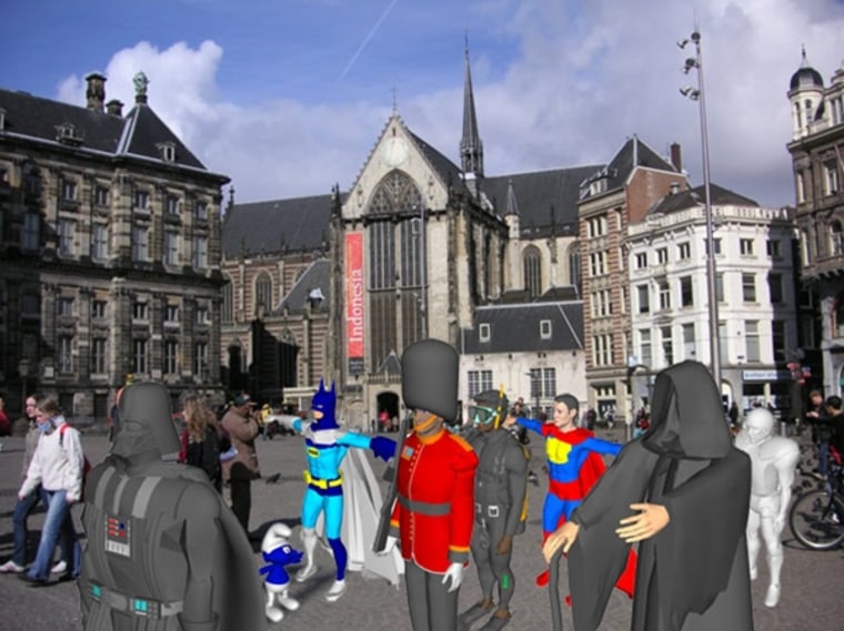 Movie and comic book characters like Darth Vader, Batman, Superman and Spiderman could be seen by cell phone users in Dam Square in Amsterdam April 24 by using augmented reality programs on their devices. 