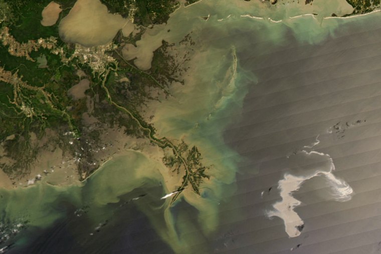 This image of the oil slick from the sunken rig was captured on April 25 by a NASA satellite.