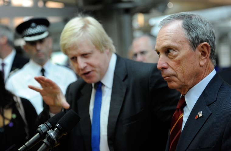 Image: London Mayor Johnson hosts a media conference about transport safety with New York Mayor Bloomberg at Westminster underground station in London