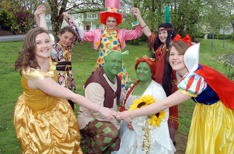 The Wedding of Tracy Hughes and Vivian Williams from Bridgend. They decided to theme the wedding service on the film Shrek and their guests dressed as Disney characters.

© WALES NEWS SERVICE