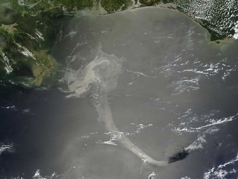A NASA satellite captured this image of the Gulf oil spill on midday Monday. The oil slick appears as a dull gray on the water and stretches south from the Mississippi Delta with what looks like a tail.