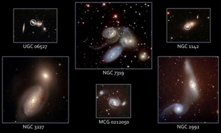 NASA's Swift satellite detected active black holes (indicated by white circles) in an assortment of merging galaxies. Clockwise from top left: UGC 06527, NGC 7319, NGC 1142, NGC 2292, MCG 0212050 and NGC 3227.