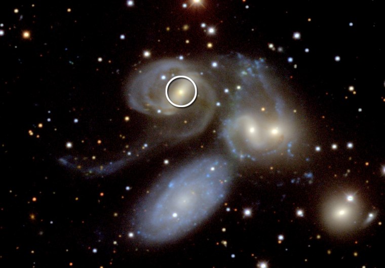 NASA's Swift satellite detected an active black hole (indicated by the white circle) in NGC 7319, one of the galaxies in the grouping known as Stephan's Quintet.