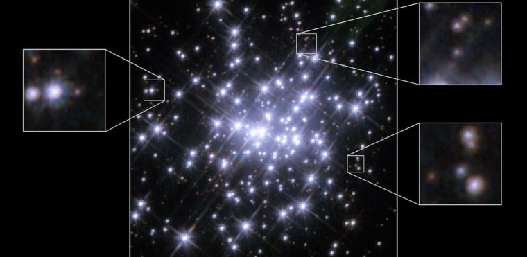 This composite image of the compact star cluster in NGC 3603 combines Hubble Space Telescope data from 1997 and 2007.