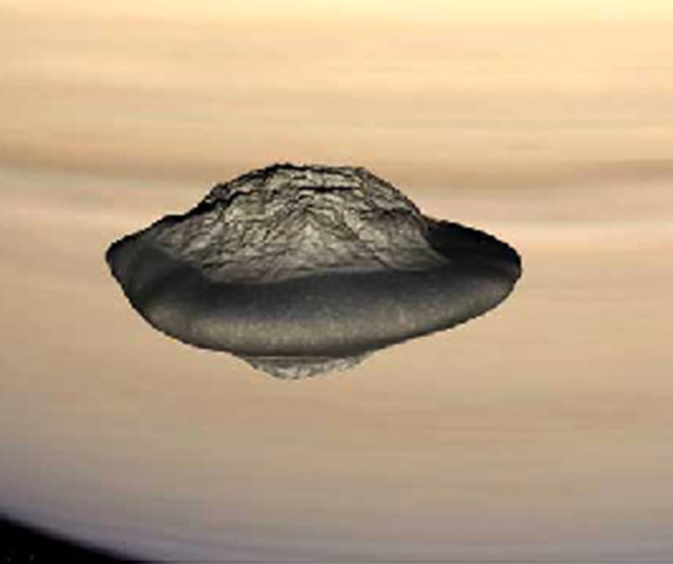 A computer-generated image of Saturn's moon Atlas. Scientists have thought its flying-saucer shape came from having snagged particles out of the planet's rings.