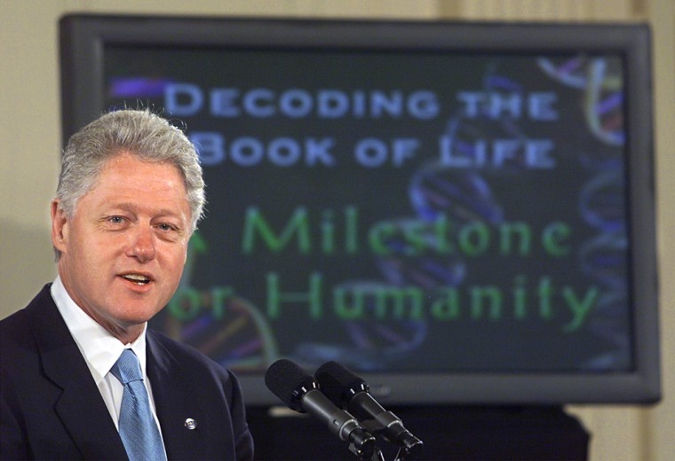 Image: US President Bill Clinton announces the completion of the first survery of the entire Human Genome in 2000