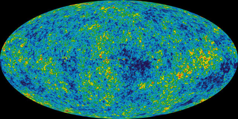 A map of the cosmic microwave background radiation (CMB) made by the Wilkinson Microwave Anisotropy Probe (WMAP).