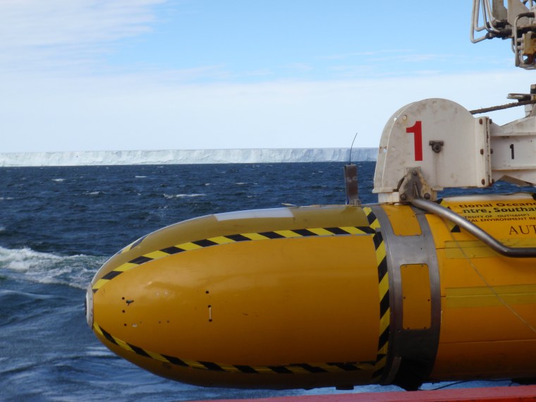A remote-operated submarine is prepared for deployment off Antarctica's Pine Island Glacier in 2009.